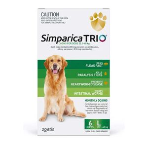 Simparica Trio 7pk for dogs 20.1-40kg - Flea, Tick, worm   (6 Pck plus 1 Bonus Single dose pks) - SEVEN PACK 