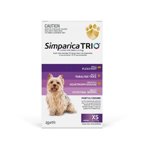 Simparica Trio SINGLE Dose  pack  for dogs 2.6-5kg -  1 Months Flea, Tick and Worming Treatment